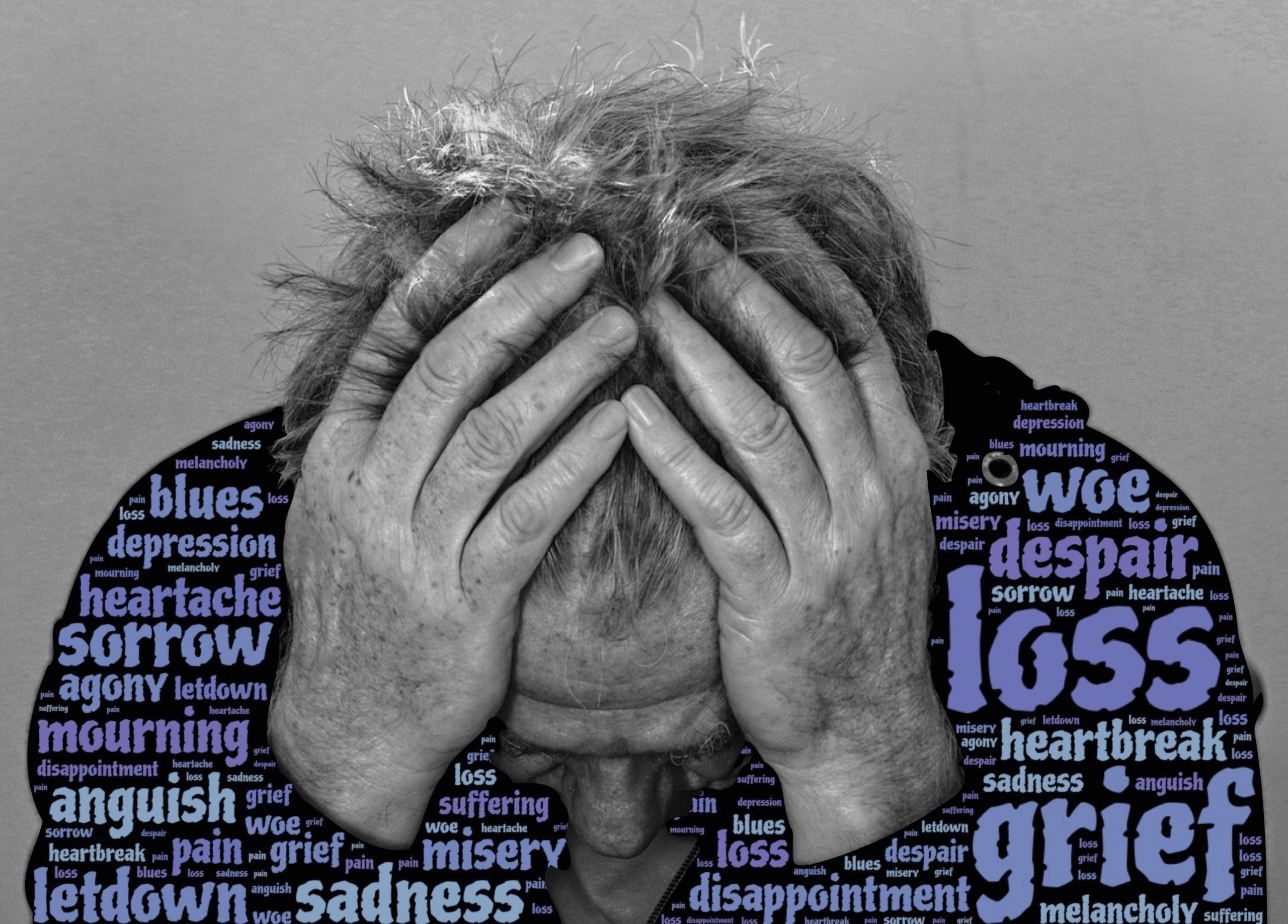 Person with head in hands, surrounded by words like "grief during COVID-19," "loss," "sadness," "misery," and "sorrow" on their clothing, depicting themes of emotional struggle and despair.