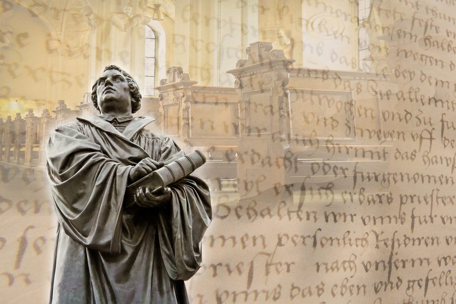 Statue of a historical figure holding a book, with an ornate interior and handwritten text in the background.