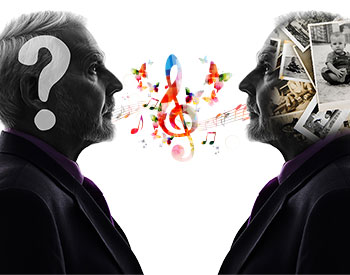 Two profiles of an older man facing each other. The man on the left has a question mark in his head; the man on the right has photos and musical symbols inside his head.