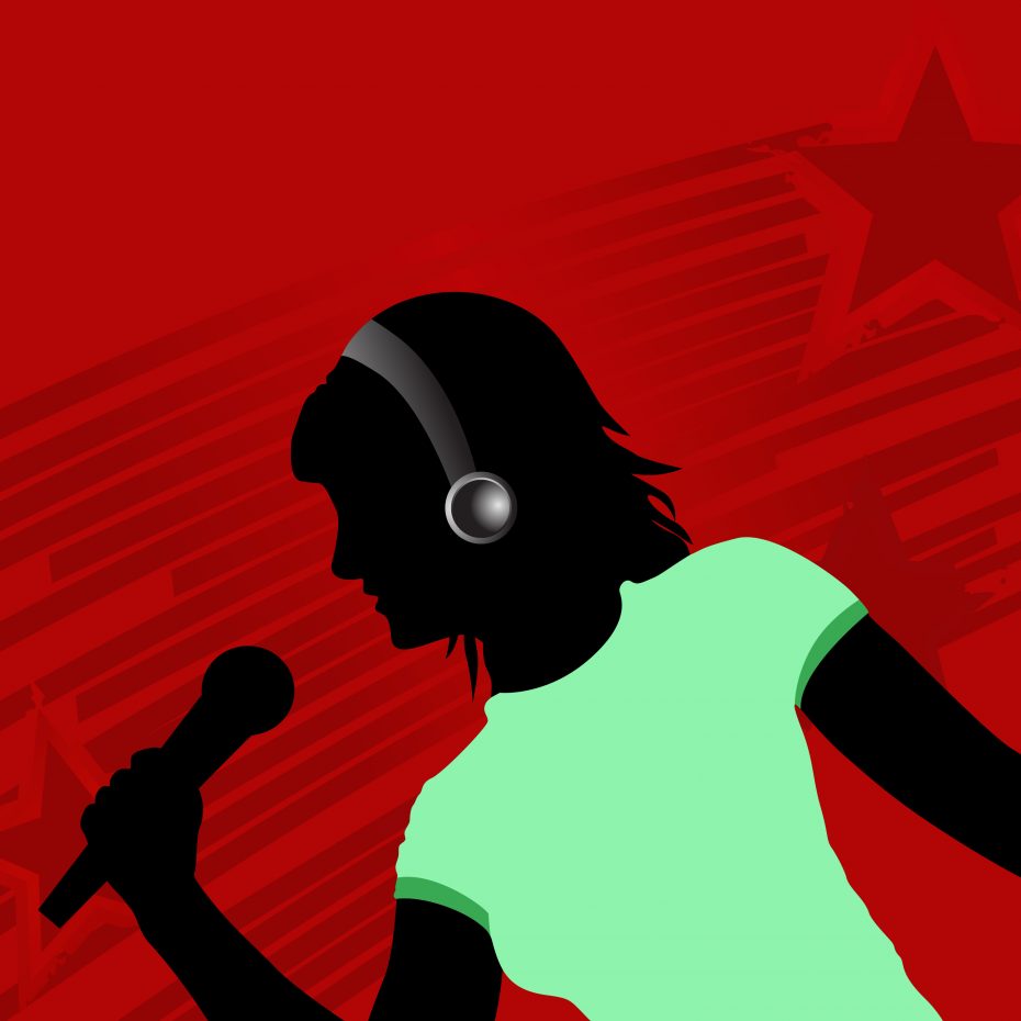 Silhouette of a person wearing headphones and holding a microphone against a red background with star patterns.