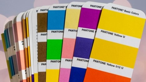 A set of Pantone color swatches, featuring a variety of colors including yellows, purples, blues, pinks, greens, and browns.