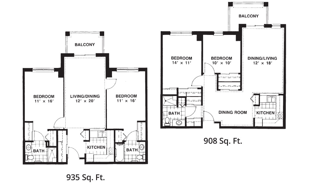 Two floor plans are shown for senior living in Sandusky, Ohio. The left floor plan is 935 square feet with 2 bedrooms, 1 bathroom, a kitchen, and a living/dining area with a balcony. The right plan is 908 square feet with similar features.