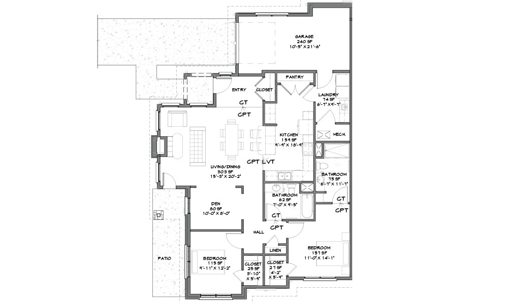 This is a floor plan of a house for senior living in Sandusky, Ohio, featuring two bedrooms, two bathrooms, a living room, kitchen, laundry room, pantry, garage, entry, closet spaces, den, and patio.