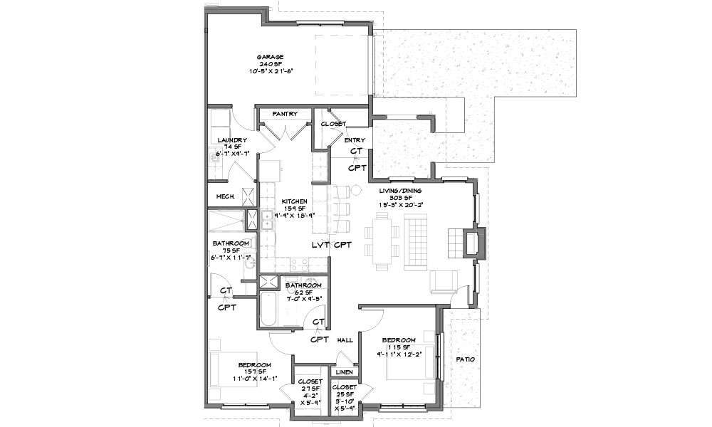 Floor plan of a single-story house in Sandusky, Ohio, featuring two bedrooms, two bathrooms, a living/dining area, kitchen, laundry room, pantry, garage, and patio. Perfect for senior living. Measurements are provided for each room.