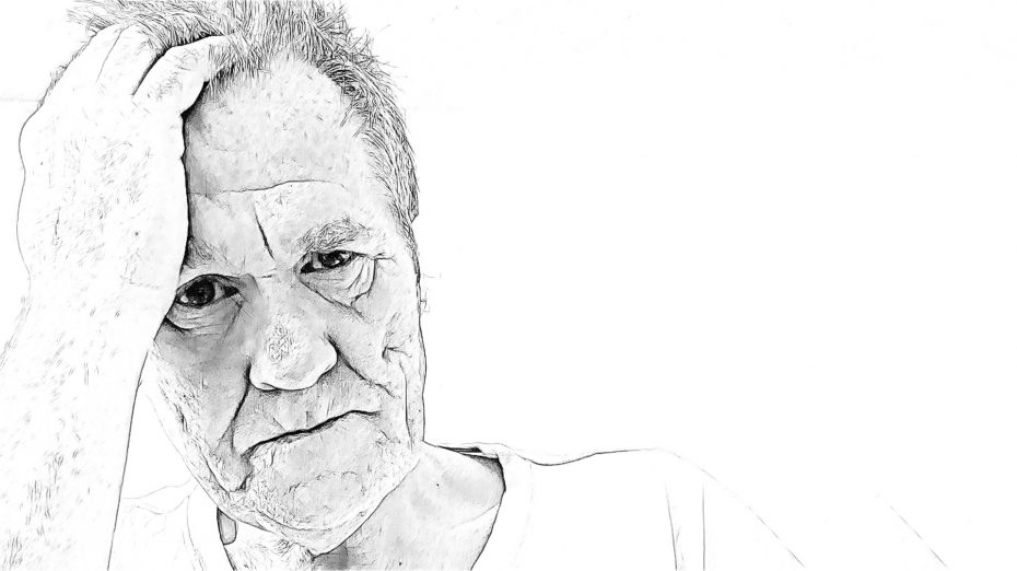 Black and white line drawing of an elderly man with a pensive expression, resting his head on one hand. He wears a plain shirt and looks directly at the viewer.