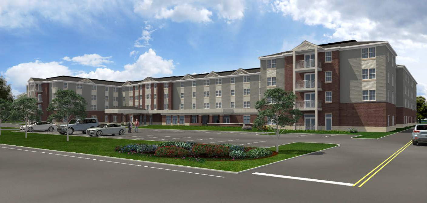 A large multi-story building with a mix of brick and beige siding stands amid a landscaped area with parking spaces and small trees under a partly cloudy sky, marking the site where United Church Homes acquires Polaris Retirement Community in southern Delaware County.