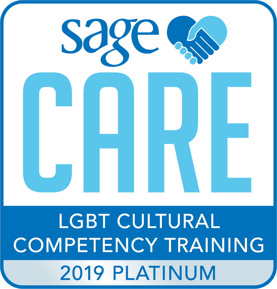 SAGE Care LGBT Cultural Competency Training 2019 Platinum badge featuring a hand-in-hand heart logo.