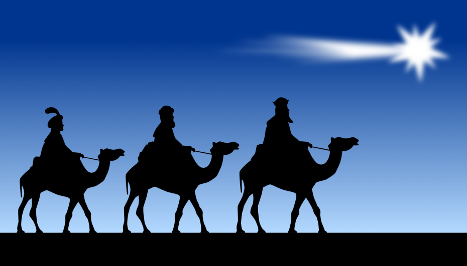 Silhouette of three people riding camels following a bright star in the sky against a blue background.