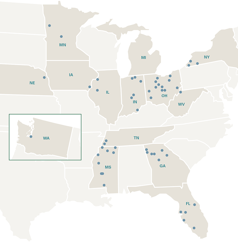 Map of the eastern and central United States showing various blue dots indicating uch locations, with an inset of Washington state also marked with dots.