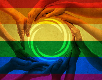 Hands of various skin tones forming a circle, superimposed on a rainbow-striped background.