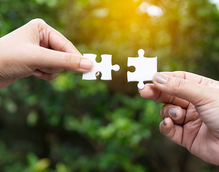 Two hands holding white puzzle pieces towards each other with a blurred green background.