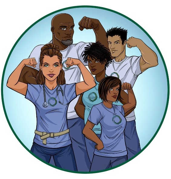 Illustrated group of five diverse individuals, each wearing a shirt with a circular emblem, posing confidently with flexed arms inside a green-outlined circle.