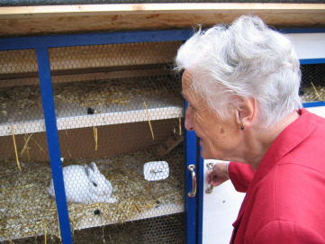 An elderly person in a red jacket looks at a white rabbit inside a blue and white hutch.